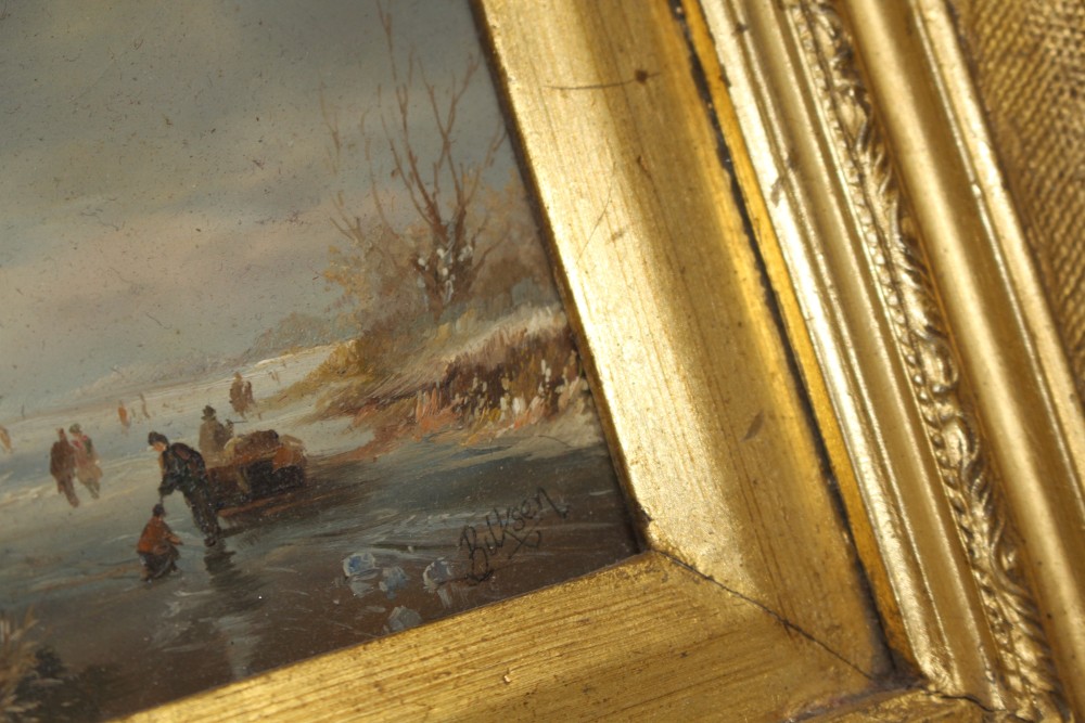 Modern 17th century Dutch style, oil on panel, Winter scene, 19 x 24cm, ornate gilt frame